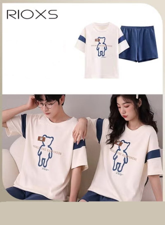 ريوكس طقم بيجامة مطابق للأزواج من قطعتين، بيجامة قطنية ناعمة ومسامية بأكمام قصيرة للرجال، قمصان فضفاضة بأكمام قصيرة ورقبة مستديرة وشورتات واسعة، طقم ملابس منزلية مريح وعصري للاستخدام في الفنادق والعطلات المنزلية وحفلات البيجامة وغيرها، باللونين الأبيض والأزرق - Image 2